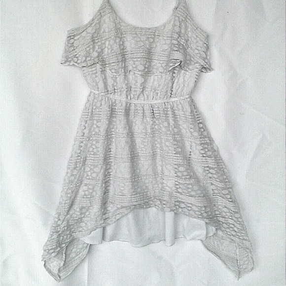 Asymmetrical Hi-Lo Sleeveless Crocheted Lace Sundress Trixxi White Polkadot Med - Picture 2 of 7